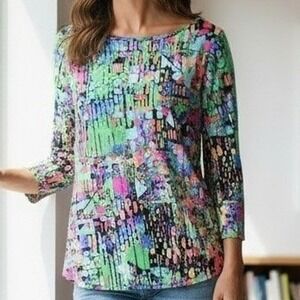 Peck & Peck Women Multicolor Abstract Geometric Boat Neck 3/4 Sleeve Top Small